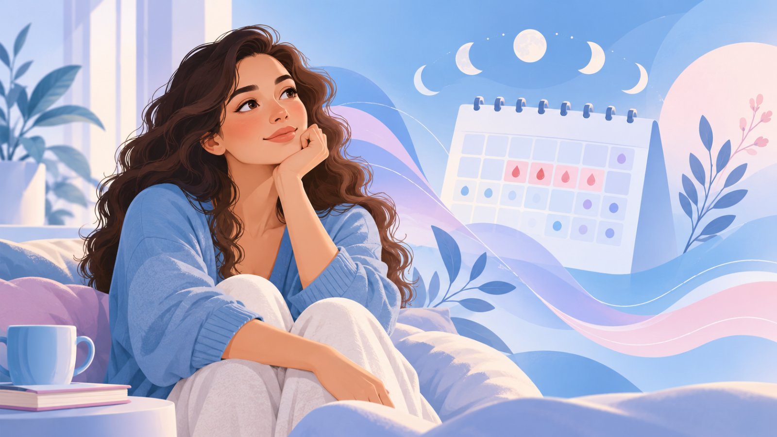 Transtorno disfórico pré-menstrual (TDPM) - ilustração de mulher pensativa com calendário do ciclo menstrual